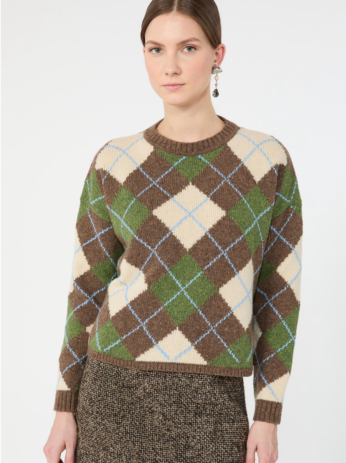 Max Mara Weekend Brown & Ivory Argyle Wool Crew Neck Sweater