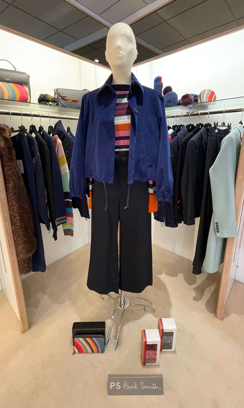 PS Paul Smith at Jane young, blue jacket, cropped trousers and striped top