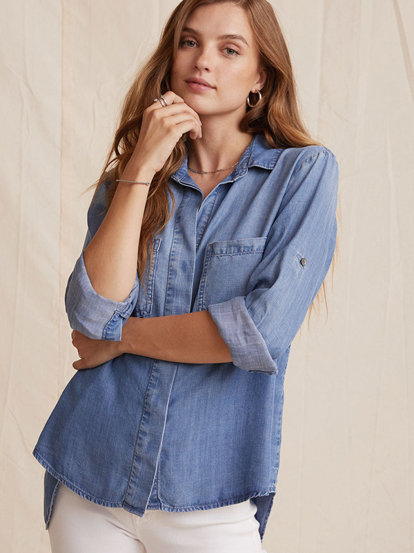 Bella Dahl blue Denim shirt on model