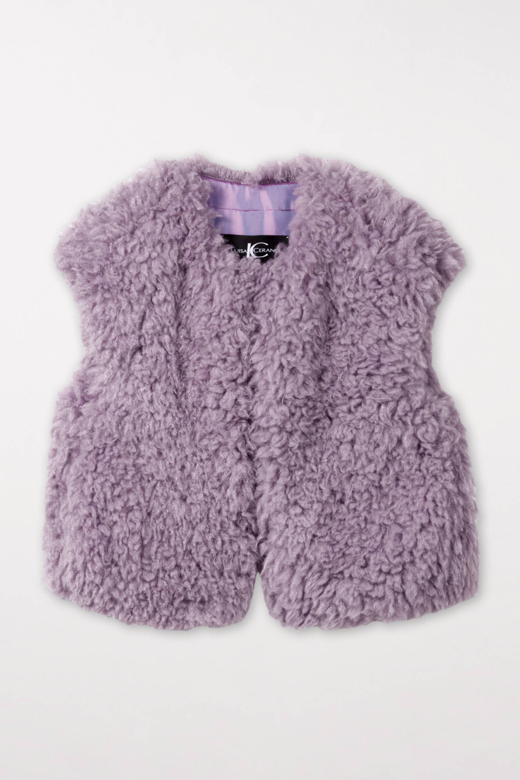 Luisa Cerano faux fur purple gilet from Purple rain collection autumn/winter 23