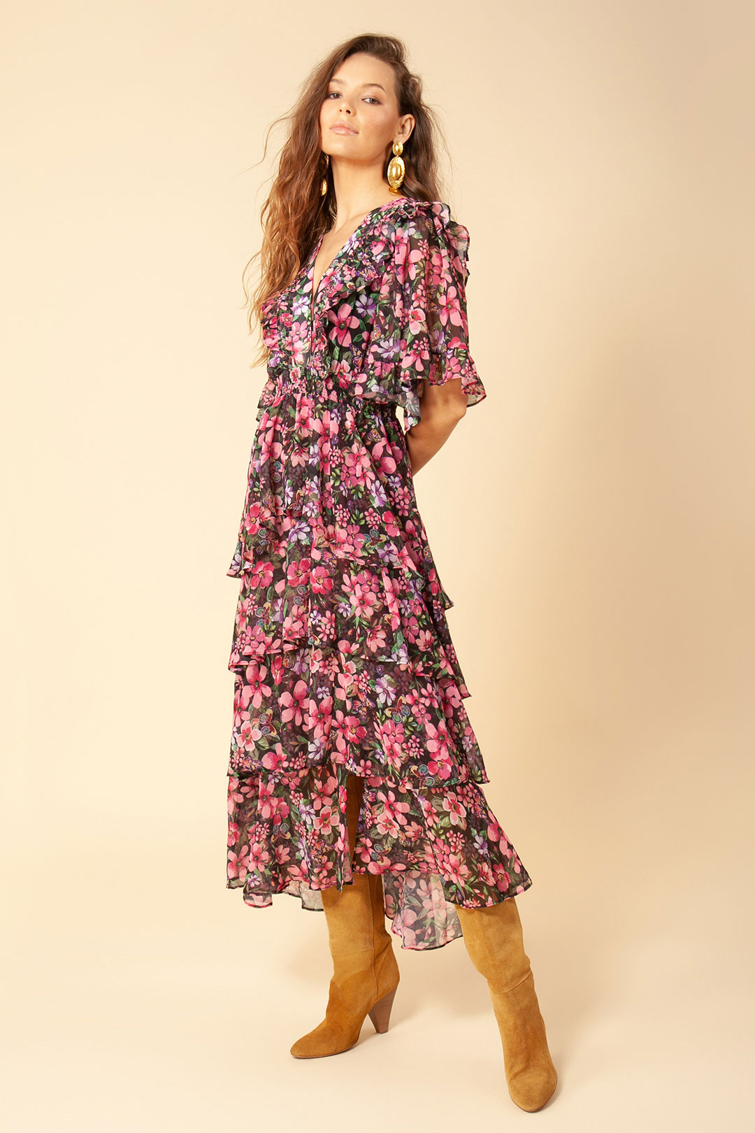 Pink floral tiered dress from Hale Bob for occasion wear