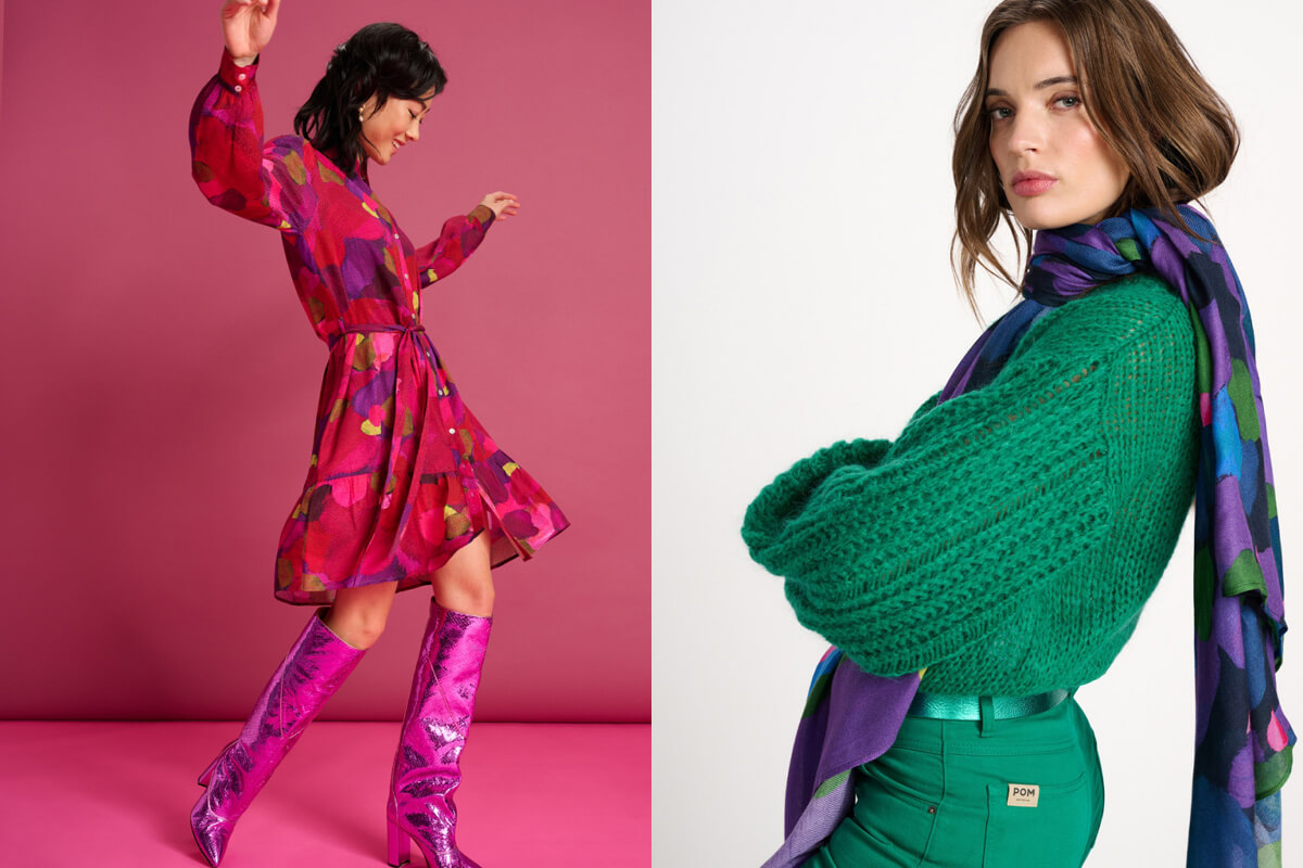 Pom Amsterdam Collection at Jane Young. Lady wearing pink dress and printed scarf