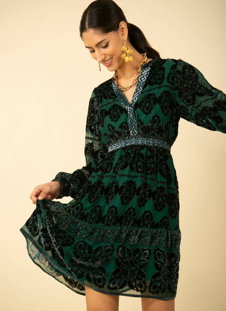 Hale Bob Emerald short v neck dress with long sleeves. Casual Party Wear