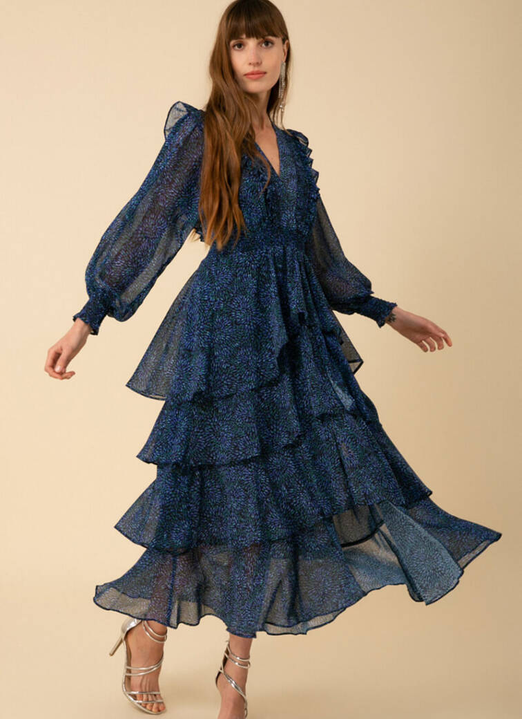 Hale bob long sleeved midnight blue tiered dress with long sleeves