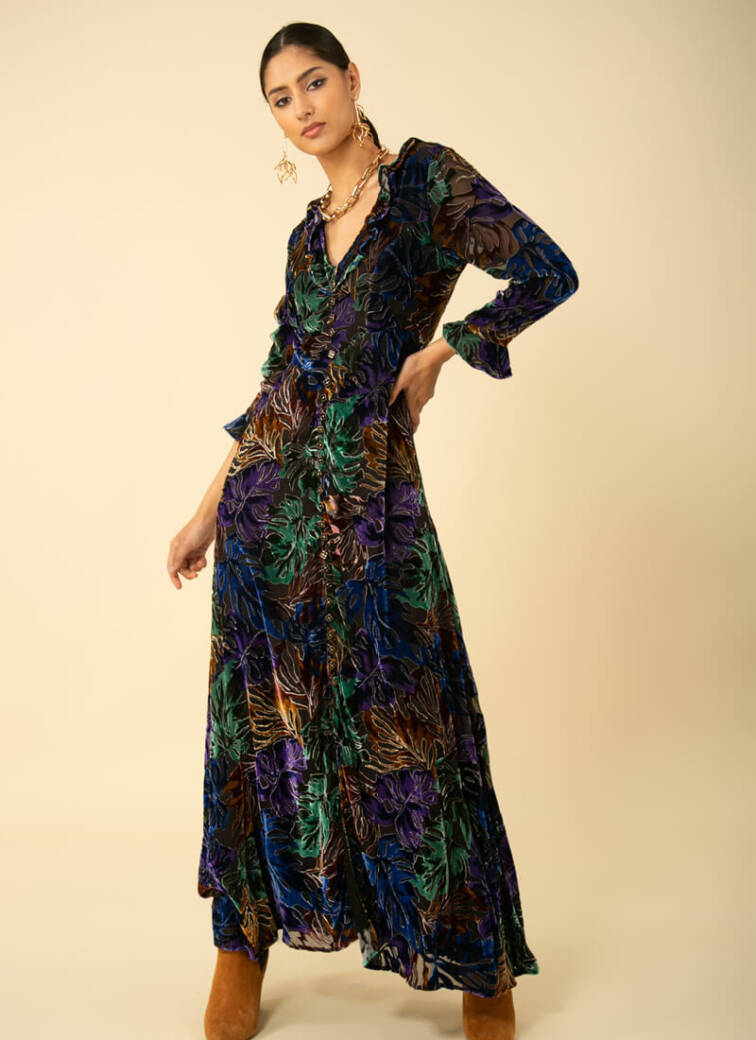 Long Hale Bob Velvet dress with long sleeves Party wear at Jane Young