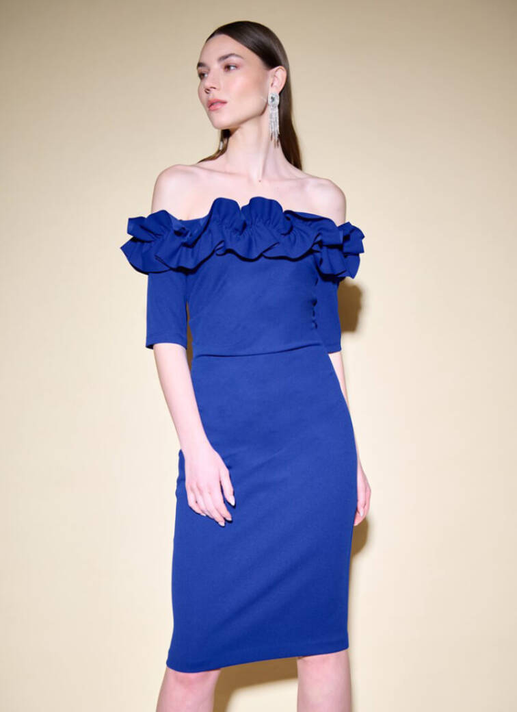 Off the shoulder blue ruffle Joseph Ribkoff party dress
