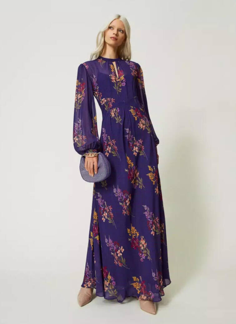 Twinset maxi purple floral 70s style party dress at Jane Young. Christmas Party wear