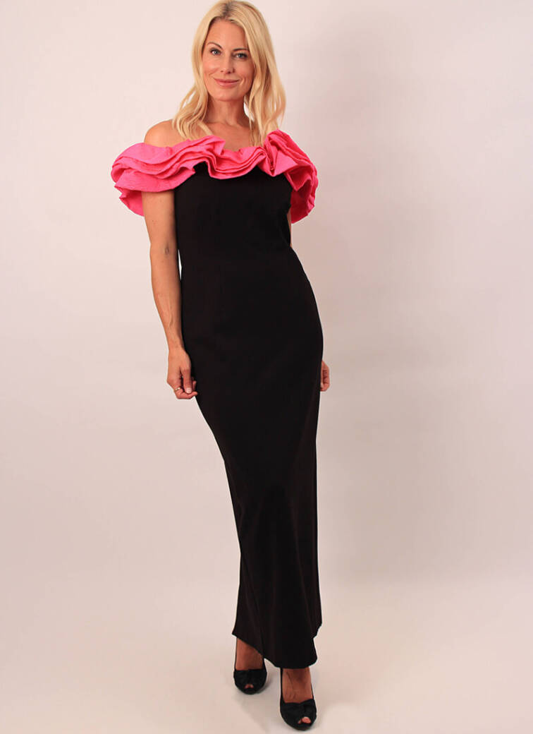 Strapless Twinset black and neon ruffle evening dress at Jane Young