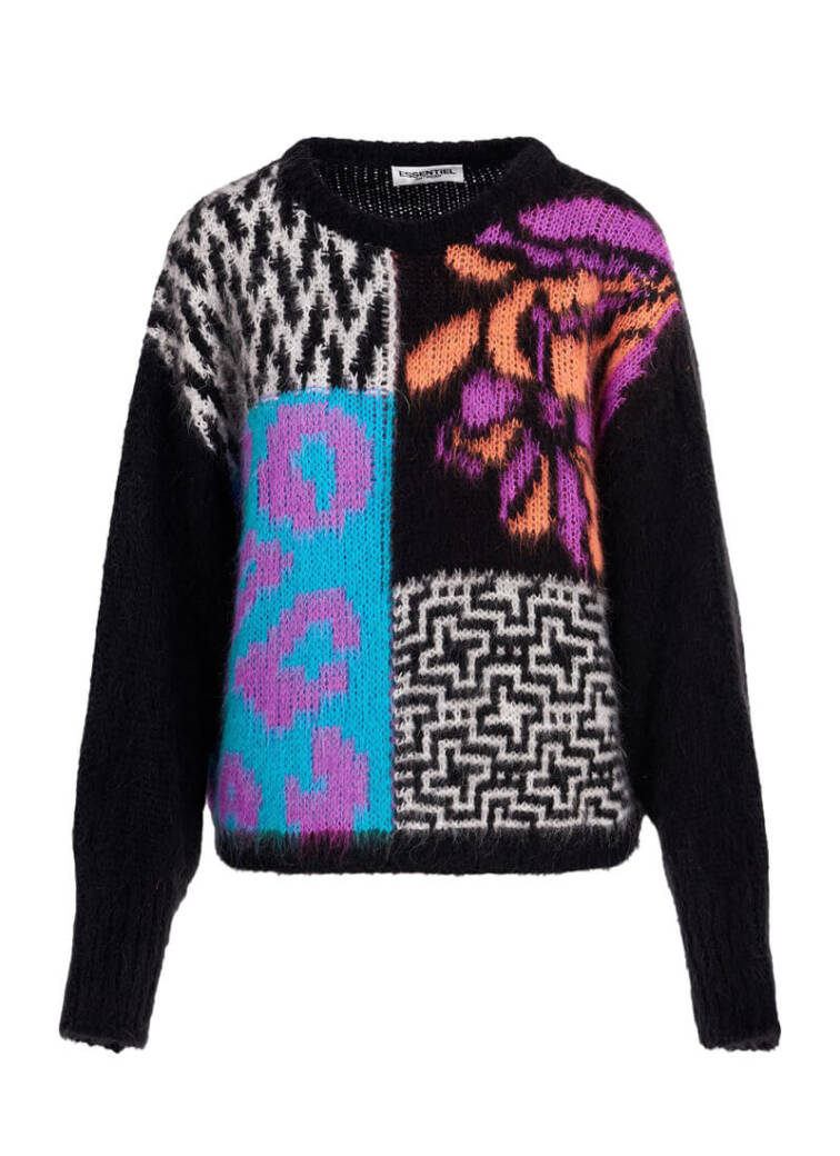 Essentiel Antwerp Black, blue and pink wool graphic jumper