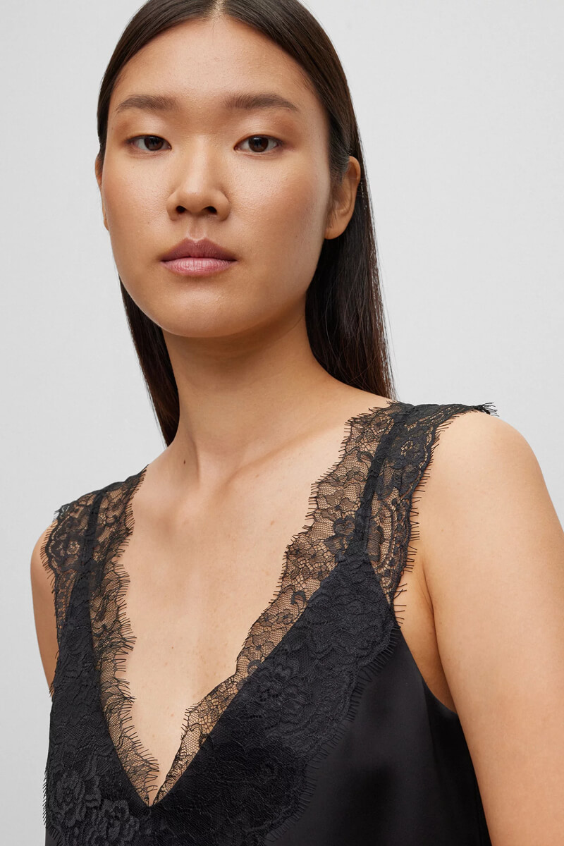 Boss-black-sleeveless-lace-top, lace detail around v neck