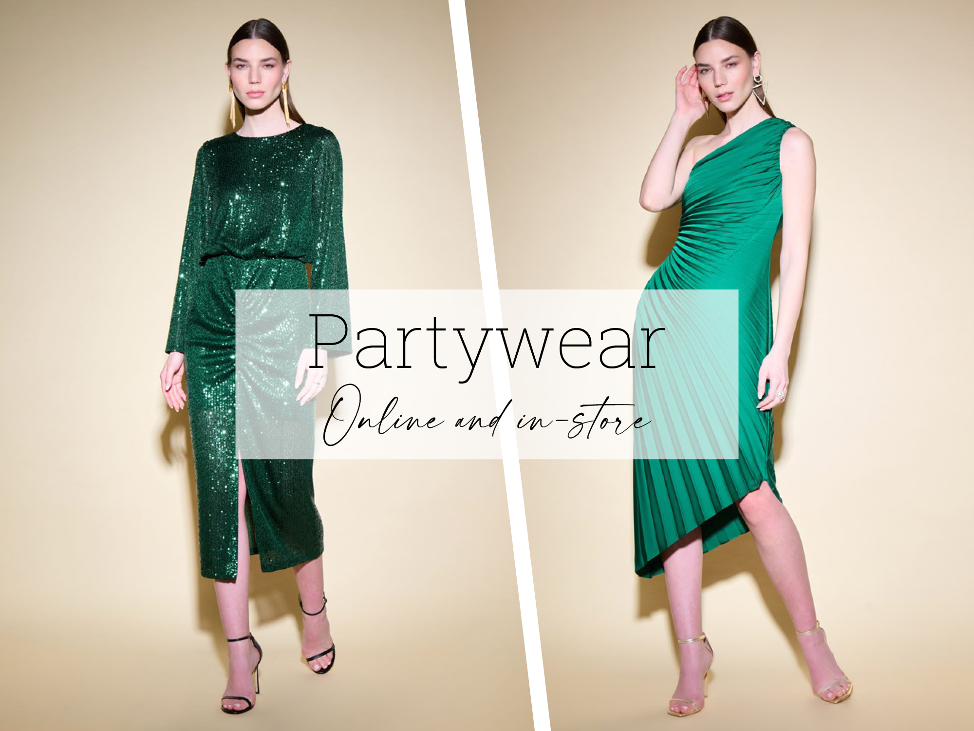 Partywear for Christmas 2023 at Jane Young. Green evening wear. Green sequin dress and Green satin dress from Joseph Ribkoff.