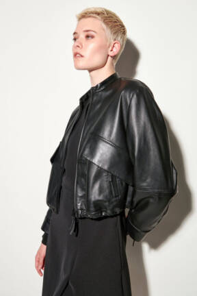 Black leather bomber jacket Luisa Cerano Spring Summer 24