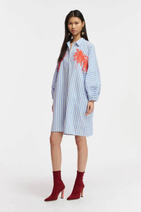 Blue and white striped shirt dress with palm trees