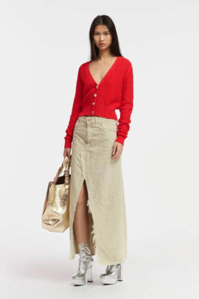 V necked embellished red cardigan