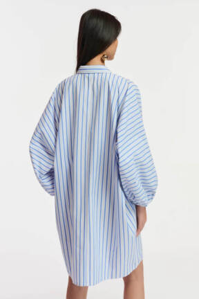 Blue and white striped shirt dress with palm trees