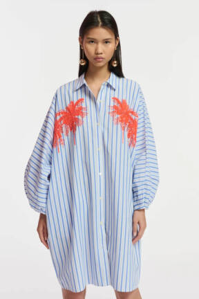 Blue and white striped shirt dress with palm trees
